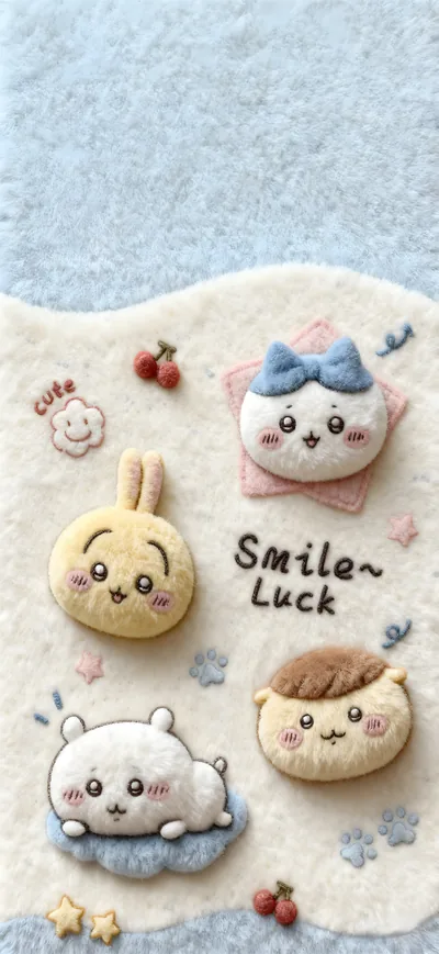 ふわふわなちいかわ、ハチワレ、うさぎ、くりまんじゅうのマスコット風スマホ壁紙