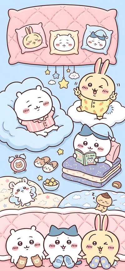 잠옷을 입은 치이카와와 가르마, 토끼의 포근한 수면 파티 스마트폰 배경화면