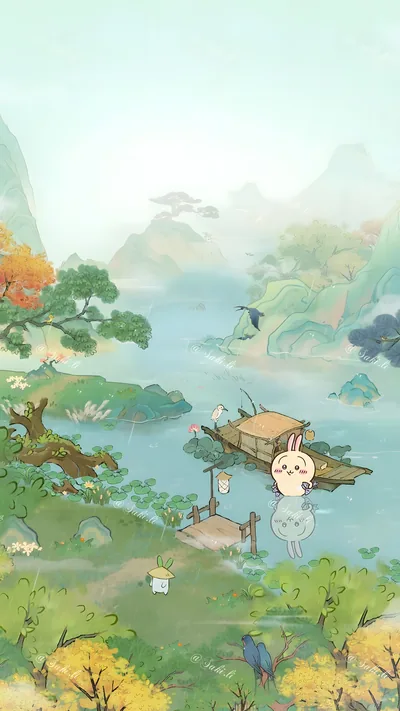 아름다운 수묵 산수화와 나룻배 풍경 속 귀여운 토끼 스마트폰 배경화면