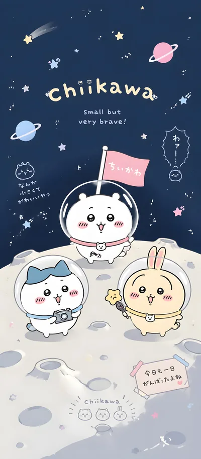 우주복 입은 치이카와, 가르마, 토끼의 달 탐사 귀여운 스마트폰 배경화면