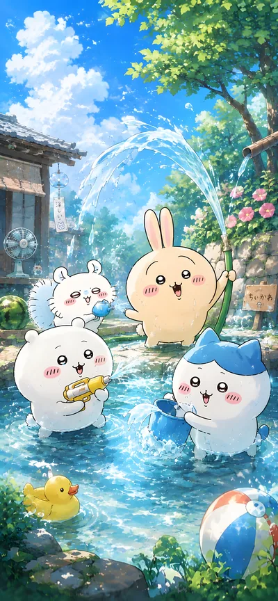 Chiikawa, Hachiware and Usagi having a cool water fight for Phone Wallpaper