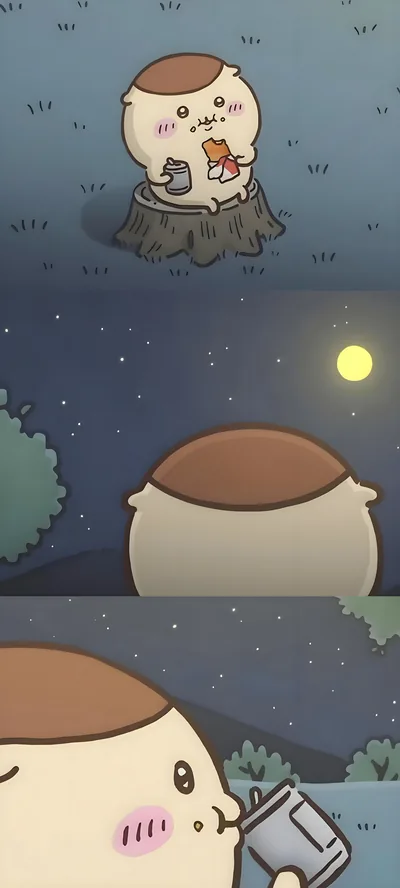 달밤에 그루터기에 앉아 한잔을 즐기는 귀여운 밤만쥬 스마트폰 배경화면
