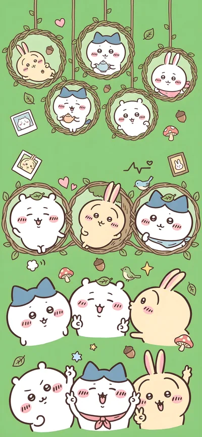 치이카와, 가르마, 토끼가 숲속 덩굴 그네에서 노는 귀여운 스마트폰 배경화면