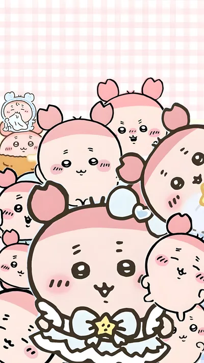 アイドル衣装を着た可愛い古本屋とピンクチェック柄のちいかわスマホ壁紙