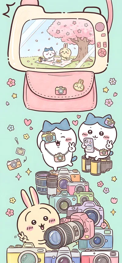 빈티지 카메라와 필름 사이에서 사진을 찍는 가르마와 토끼의 귀여운 스마트폰 배경화면