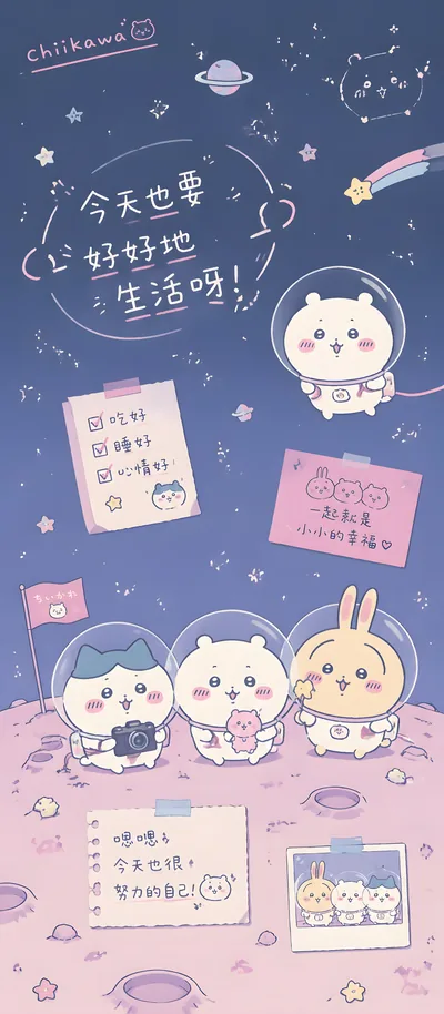 우주복을 입고 달을 탐험하는 귀여운 치이카와, 가르마, 토끼 스마트폰 배경화면.