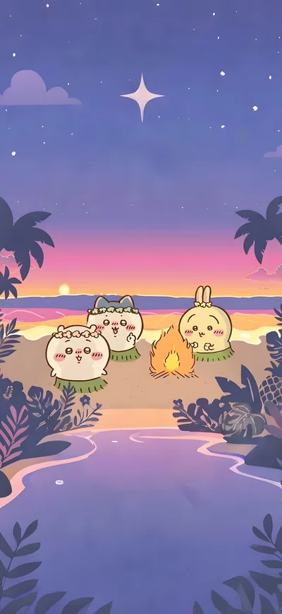 치이카와, 가르마, 토끼가 노을 지는 해변 모닥불 앞에 모인 스마트폰 고화질 배경화면