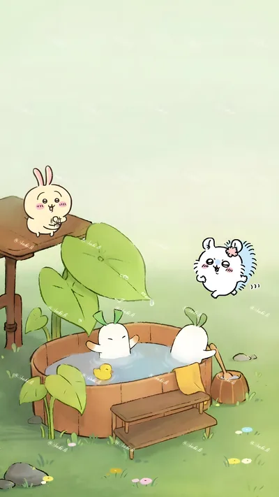 토끼와 하늘다람쥐가 야외 목욕탕 곁에서 쉬는 귀여운 스마트폰 고화질 배경화면