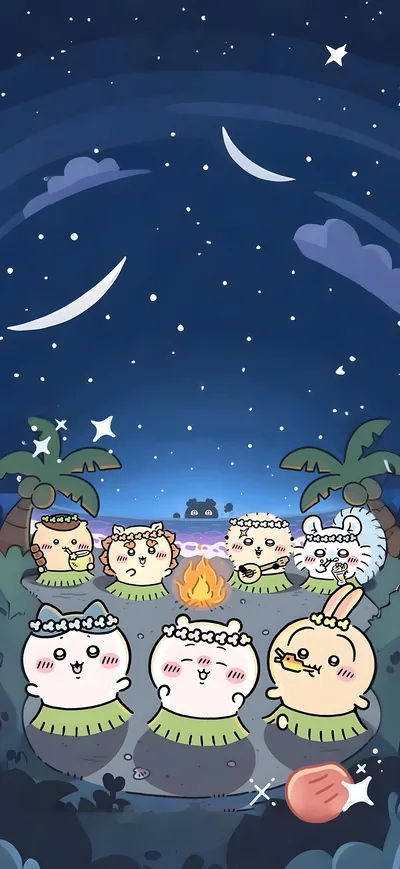 밤바다 모닥불 앞에서 훌라춤을 추는 치이카와와 친구들 스마트폰 배경화면