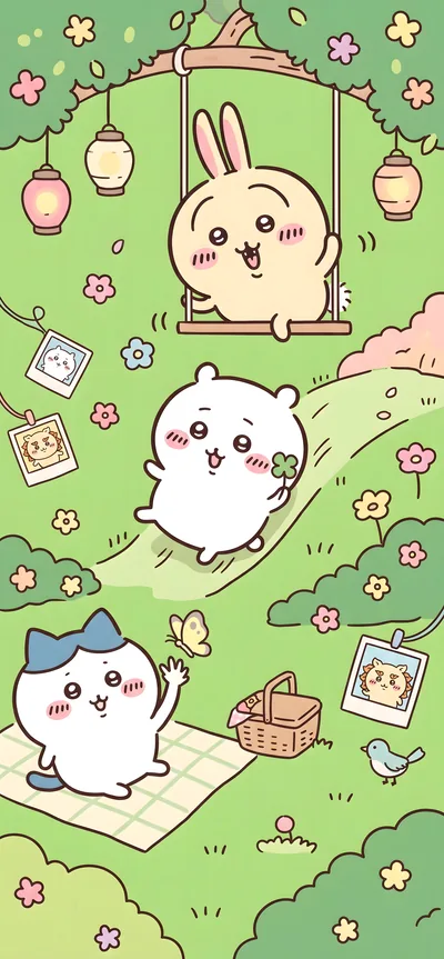 치이카와, 가르마, 토끼가 함께 봄소풍과 그네를 즐기는 귀여운 스마트폰 배경화면