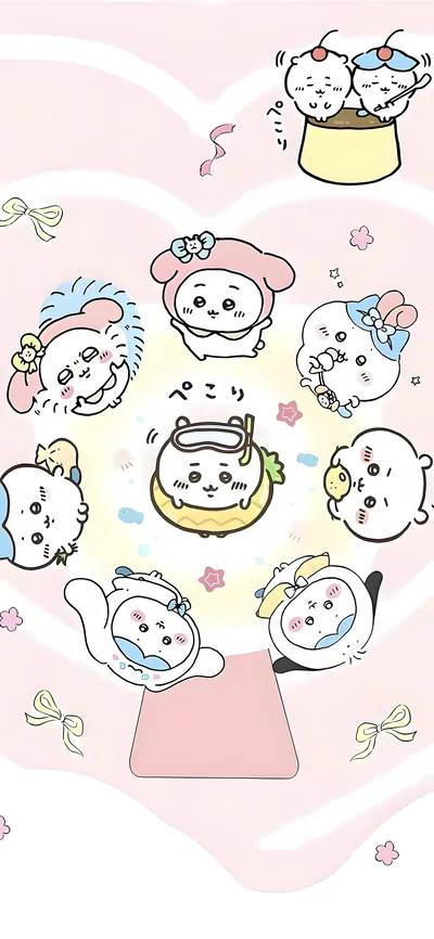 사랑스러운 핑크 관람차와 푸딩 위의 치이카와와 가르마 일러스트 스마트폰 배경화면