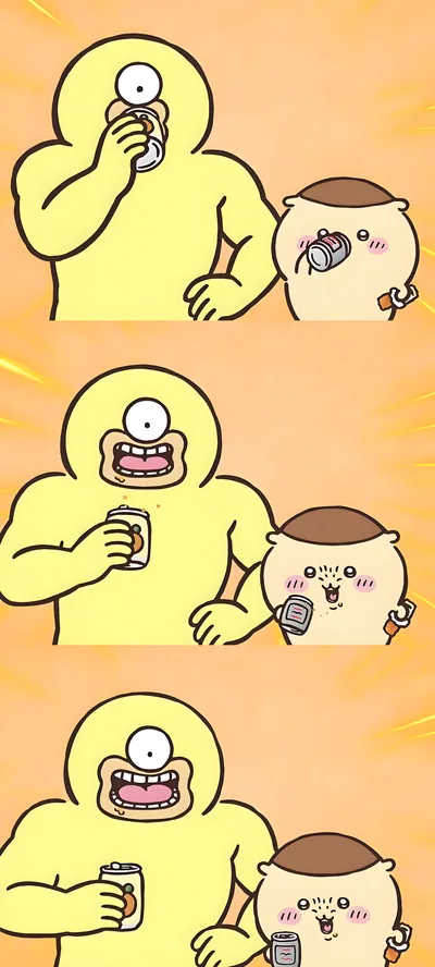 밤만쥬와 노란 외눈 괴물이 함께 캔 음료수를 시원하게 마시는 스마트폰 배경화면