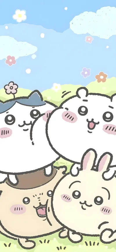 치이카와, 가르마, 토끼, 밤만쥬가 꽃밭에서 모여 있는 귀여운 스마트폰 고화질 배경화면
