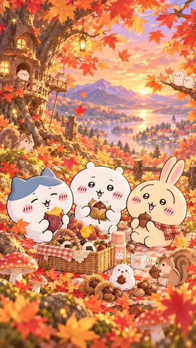 치이카와, 가르마, 토끼가 단풍나무 아래서 가을 소풍을 즐기는 감성 스마트폰 배경화면