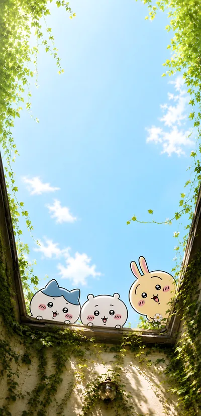 ちいかわ、ハチワレ、うさぎが緑の天窓から青空を見下ろす可愛いスマホ待ち受け