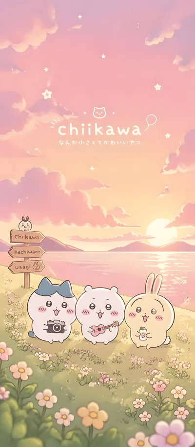 노을빛 바닷가 꽃밭에서 즐겁게 노래하고 사진 찍는 치이카와, 가르마, 토끼 감성 스마트폰 배경화면
