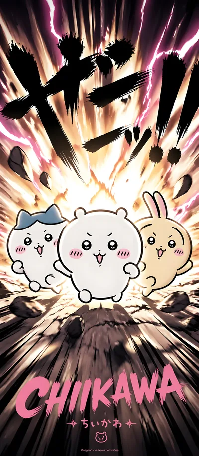 폭발 속을 위풍당당하게 달리는 치이카와, 가르마, 토끼의 역동적인 스마트폰 배경화면