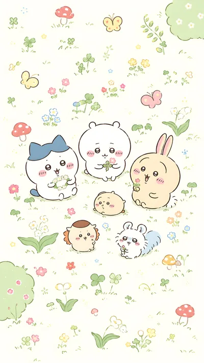 ちいかわ、ハチワレ、うさぎがお花畑で花冠を作るかわいいスマホ待ち受け