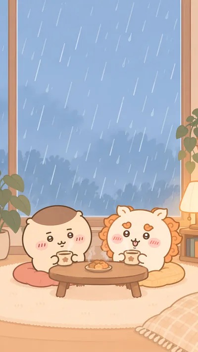 雨の日に窓辺で温かいお茶を楽しむくりまんじゅうとシーサーの可愛いスマホ待ち受け