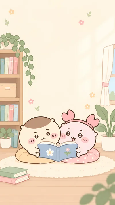 くりまんじゅうと古本屋が仲良く並んで絵本を読む温かいお部屋のスマホ高画質壁紙
