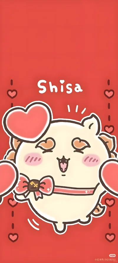 ちいかわのシーサーがハートに囲まれた可愛い赤いスマホ向け高画質壁紙