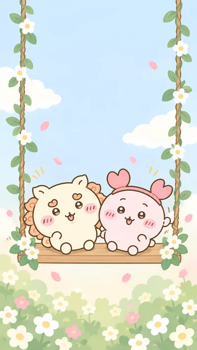 シーサーと古本屋がお花いっぱいのブランコに乗って遊ぶ癒しのスマホ壁紙