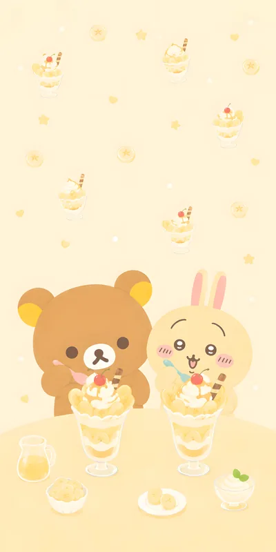 토끼와 리락쿠마가 함께 달콤한 바나나 파르페를 먹는 귀여운 스마트폰 배경화면