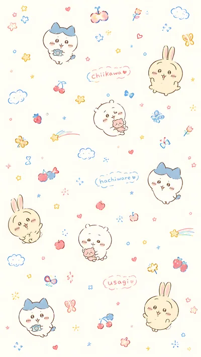 곰 인형을 안은 치이카와, 카메라를 든 가르마, 토끼 패턴 스마트폰 배경화면