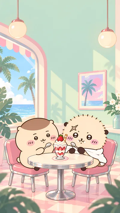 くりまんじゅうとラッコが海辺のカフェでパフェを食べるかわいいスマホ向け高画質壁紙