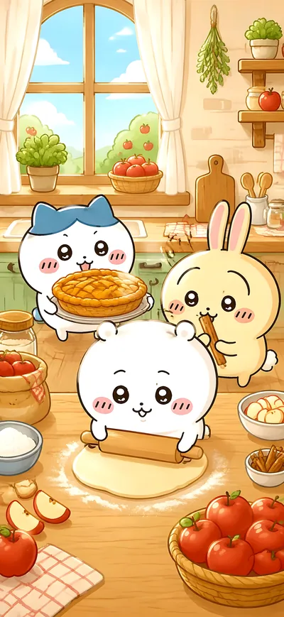 치이카와, 가르마, 토끼가 주방에서 애플파이를 만드는 따뜻한 스마트폰 배경화면