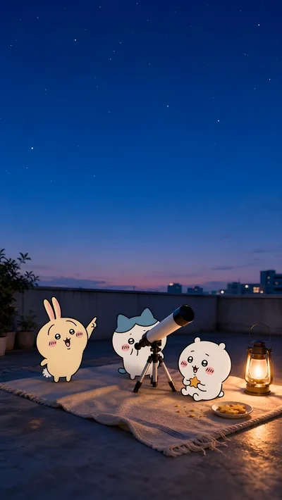옥상에서 망원경으로 밤하늘 별을 보는 치이카와, 가르마, 토끼 스마트폰 고화질 배경화면