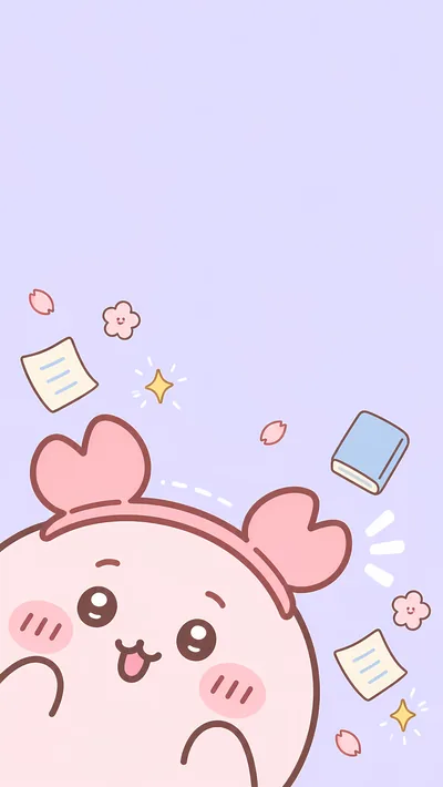 ピンクのカニカチューシャをつけた可愛い古本屋と本が散らばる癒しのスマホ壁紙