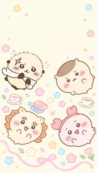 ラッコ、くりまんじゅう、シーサー、古本屋のお茶会イラストスマホ壁紙