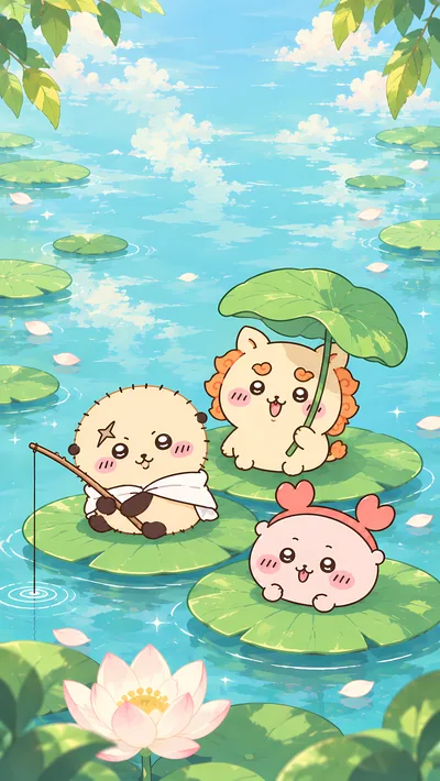 ラッコとシーサーと古本屋が蓮の葉に乗って釣りを楽しむ涼しげな夏スマホ待ち受け