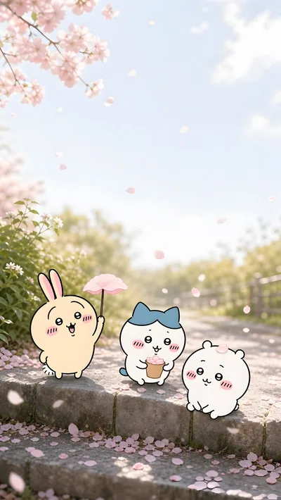 흩날리는 벚꽃 아래에서 봄을 만끽하는 치이카와, 가르마, 토끼의 귀여운 스마트폰 배경화면