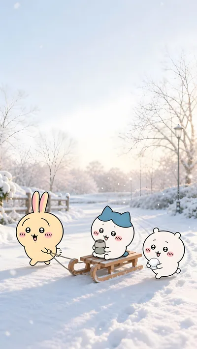 눈밭에서 썰매를 타는 치이카와와 가르마와 토끼 겨울 스마트폰 배경화면