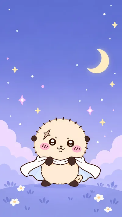 マントを羽織ったかっこいいラッコと星空や三日月が広がる夜のちいかわスマホ壁紙
