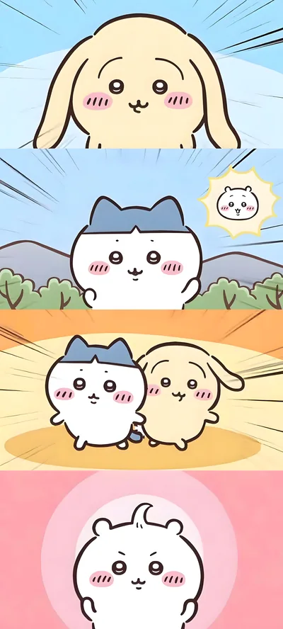 치이카와, 가르마, 토끼의 늠름하고 귀여운 만화 컷 구성 스마트폰 배경화면
