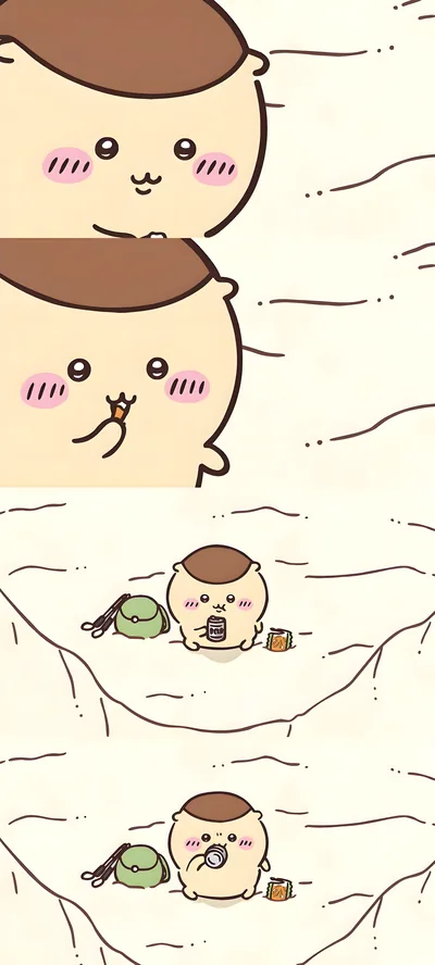 등산 후 산에서 시원하게 캔음료를 마시는 귀여운 치이카와 밤만쥬 스마트폰 배경화면