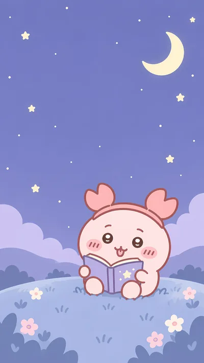 ちいかわの古本屋が星空と三日月の草原で読書する癒やしのスマホ壁紙