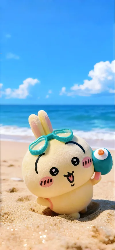 물안경을 쓰고 여름 해변 모래사장에 있는 귀여운 토끼 스마트폰 배경화면
