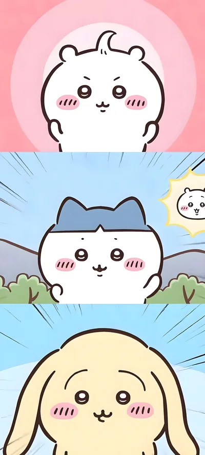 치이카와, 가르마, 토끼 3분할 귀여운 만화 스마트폰 고화질 배경화면