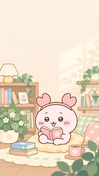 陽だまりの部屋で読書を楽しむ古本屋が可愛い癒しのスマホ向け高画質壁紙