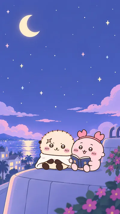 星空と海辺の夜景を見ながら読書するラッコと古本屋スマホ壁紙