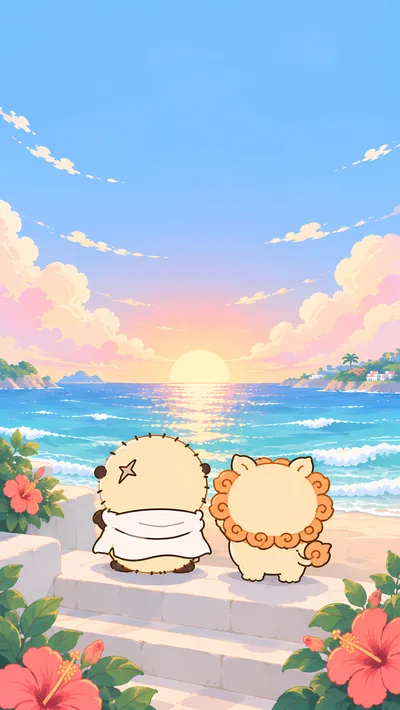 夕暮れの海とハイビスカスを眺めるラッコとシーサーの後ろ姿スマホ壁紙