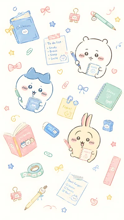 勉強に励むちいかわ、ハチワレ、うさぎと可愛いステーショナリー柄のスマホ高画質壁紙