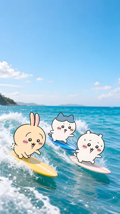 치이카와, 가르마, 토끼가 푸른 바다에서 신나게 서핑하는 여름 스마트폰 배경화면