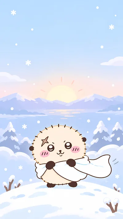 雪山の美しい日の出を背景にマントをなびかせるラッコの可愛いスマホ壁紙