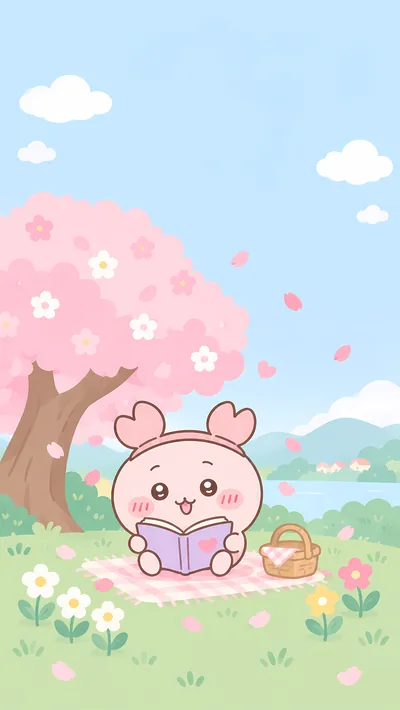 ちいかわの古本屋が満開の桜の木の下で読書とピクニックを楽しむ可愛いスマホ壁紙