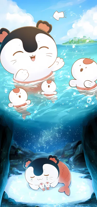 Chiikawa吉伊卡哇賽蓮在蔚藍海洋嬉戲與深海洞穴安眠的手機桌布